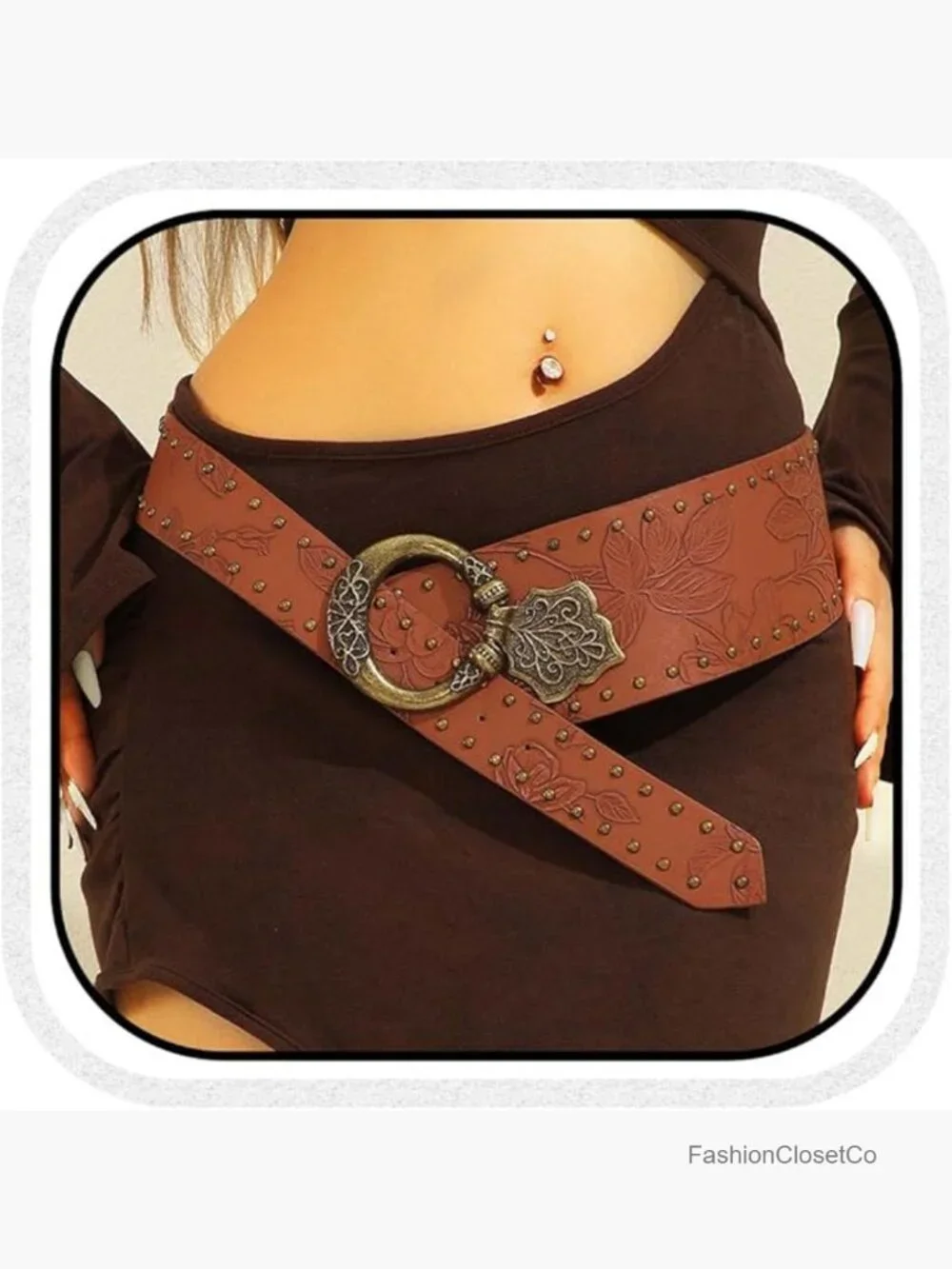 Wide Boho Belt Brown Chunky Western Vintage Floral Belt Accessories for Women